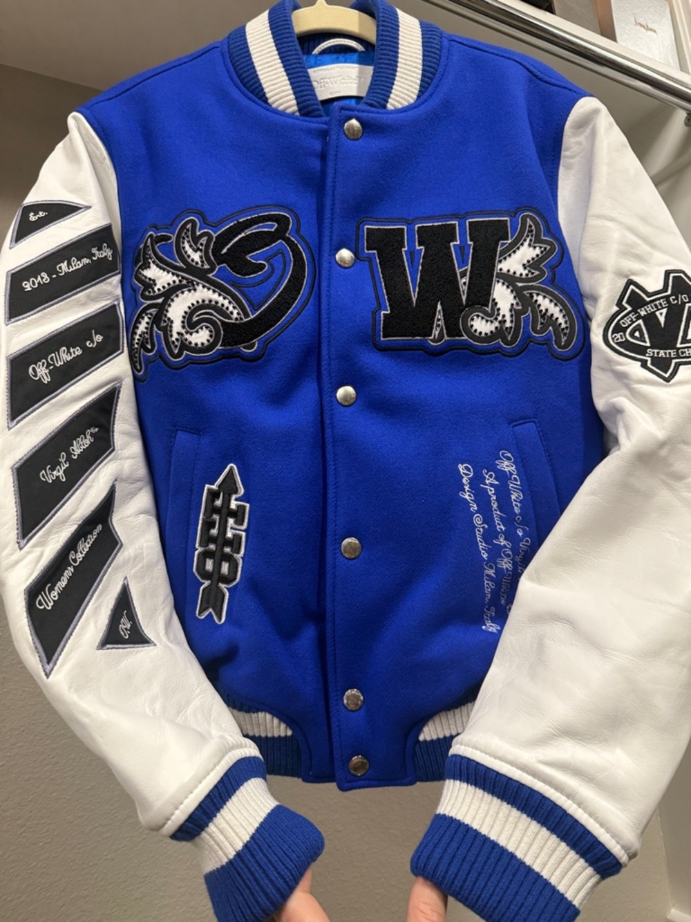 Off-White Blue & White Varsity Letterman Jacket with Embroidered Patches